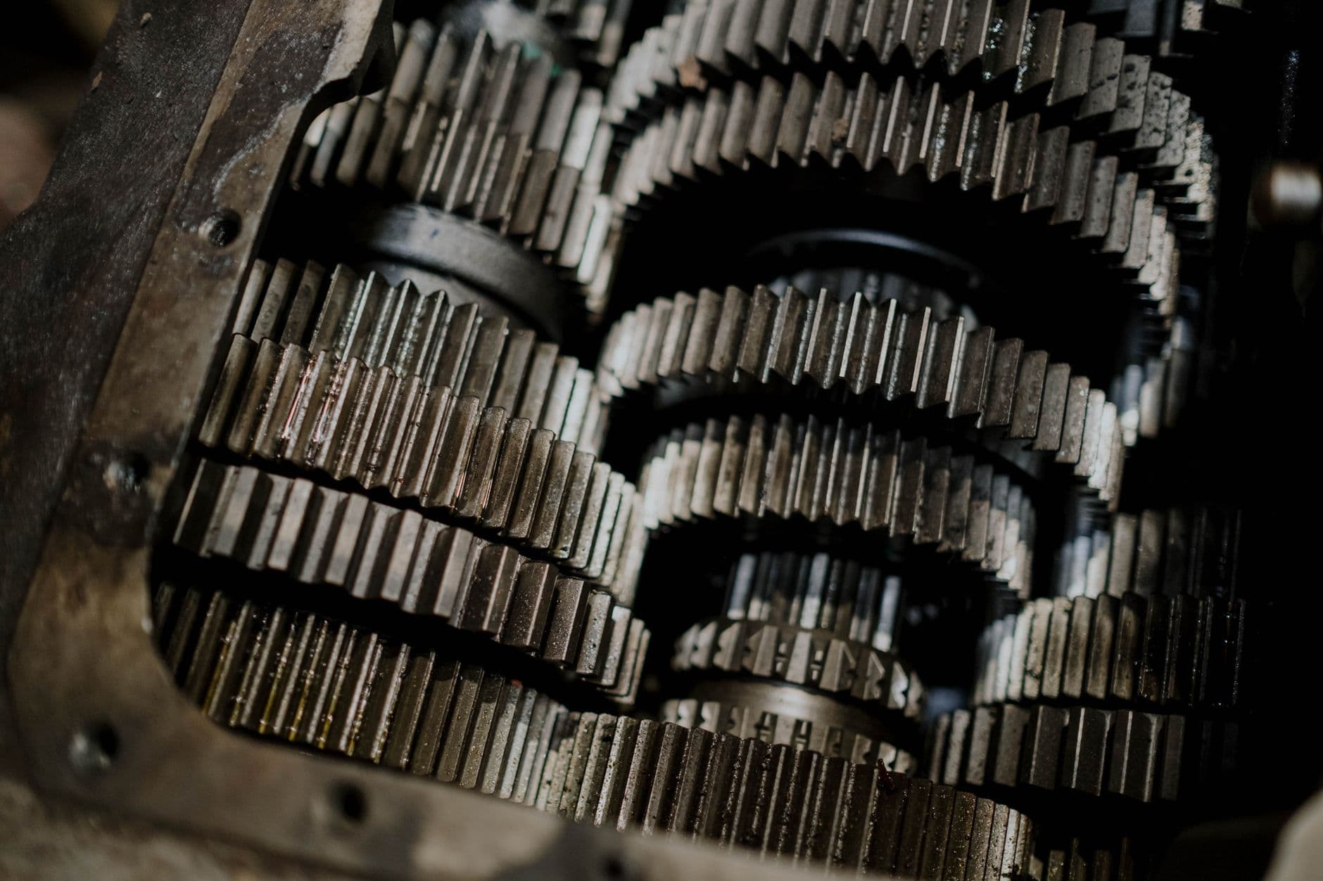 Transmission components laid out on a workbench